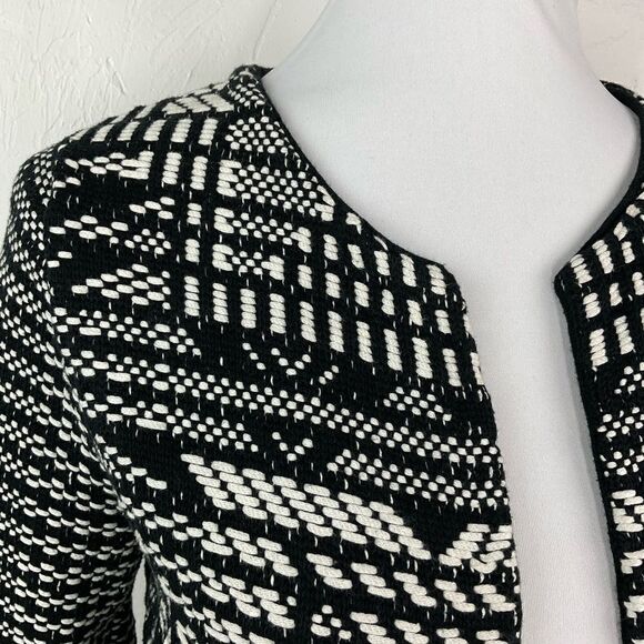 H&M Black White Woven Geometric Open Front Blazer Jacket XS - Picture 2 of 6